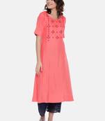 Women Coral Pink Embroidered A-Line Kurta