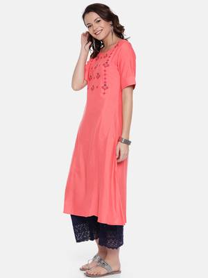 Women Coral Pink Embroidered A-Line Kurta 2