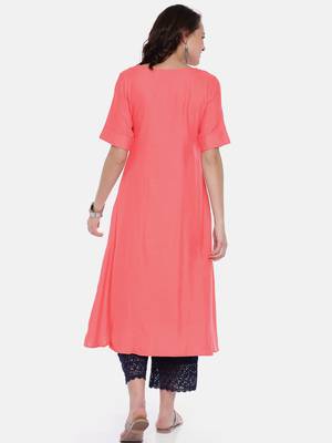 Women Coral Pink Embroidered A-Line Kurta 3