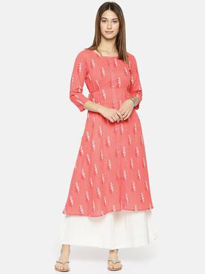Women Peach-Coloured Printed A-Line Kurta 1