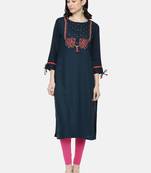 Women Navy Blue Yoke Design Straight Kurta