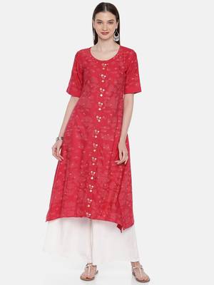 Women Red Printed A-Line Asymmetric Kurta 1