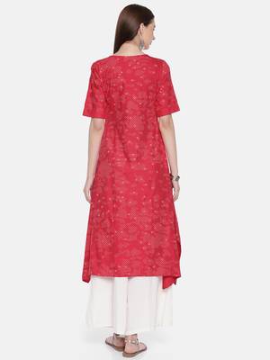 Women Red Printed A-Line Asymmetric Kurta 3