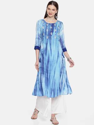 Women Blue Dyed Embroidered A-Line Kurta 1