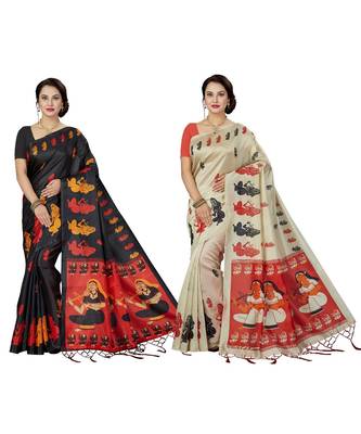 multicolor printed silk blend saree with blouse 1