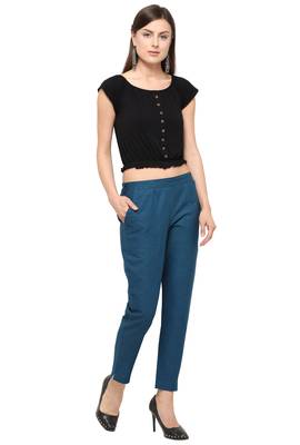 Turquoise Cotton Solid Casual Wear Trouser 1