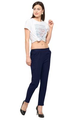 Navy Blue Cotton Solid Casual Wear Trouser 1