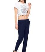 Navy Blue Cotton Solid Casual Wear Trouser