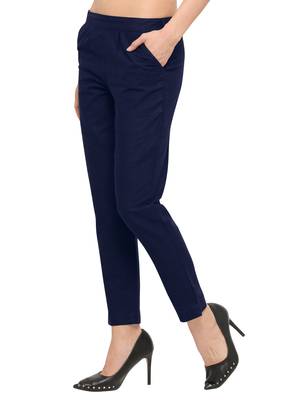 Navy Blue Cotton Solid Casual Wear Trouser 4