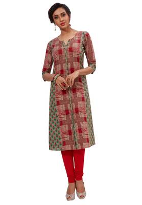 Red & Green Pure Cotton Printed Unstitched Kurti Fabric 1