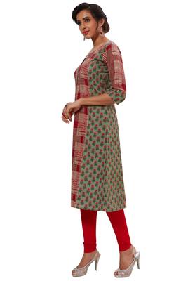 Red & Green Pure Cotton Printed Unstitched Kurti Fabric 3