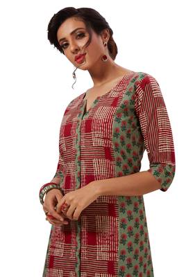 Red & Green Pure Cotton Printed Unstitched Kurti Fabric 4