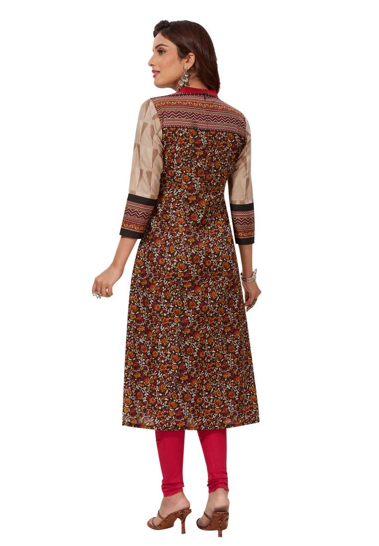 Beige & Maroon Pure Cotton Printed Unstitched Kurti Fabric Om