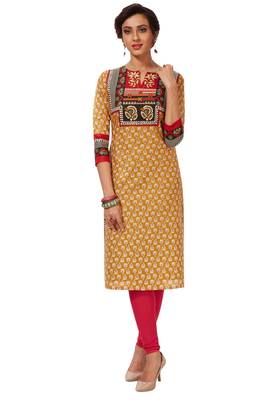 Gold & Red Pure Cotton Printed Unstitched Kurti Fabric 1