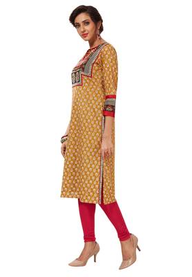 Gold & Red Pure Cotton Printed Unstitched Kurti Fabric 3