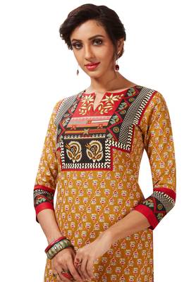 Gold & Red Pure Cotton Printed Unstitched Kurti Fabric 4