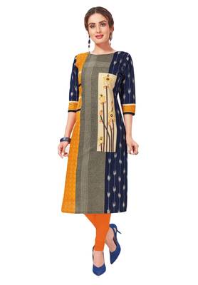 Blue & Yellow Pure Cotton Printed Unstitched Kurti Fabric 1