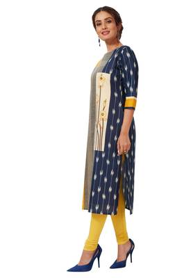 Blue & Yellow Pure Cotton Printed Unstitched Kurti Fabric 3