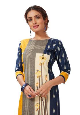 Blue & Yellow Pure Cotton Printed Unstitched Kurti Fabric 4