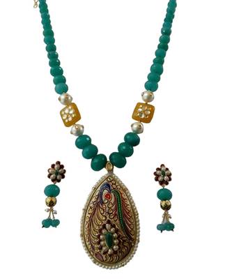 Touquoise Tanjore Hand Painting Peacock Design Beads Necklace 1
