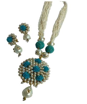 Tourquoise White Jaipuri Pacchi Work Beautiful Pearl Necklace 1