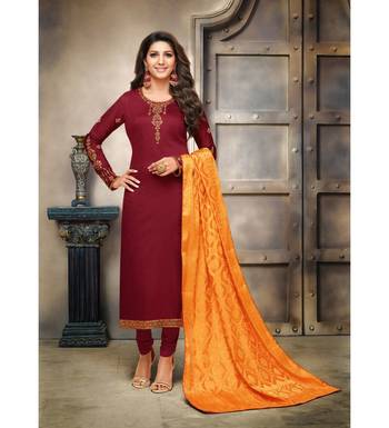 Maroon & Orange Cotton Jam Silk Women's Salwar Suit With Banarasi Dupatta 1