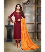 Maroon & Orange Cotton Jam Silk Women's Salwar Suit With Banarasi Dupatta