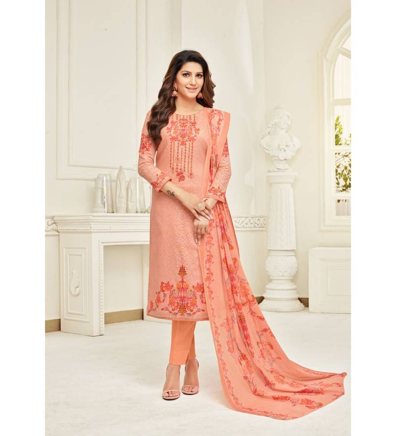 Orange Cambric Cotton Printed & Embroidered Unstitched Salwar Suit