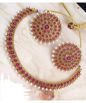 Latest Designer Pink Kempo Pearl Necklace Big Round Tops Earrings Jewelry 1