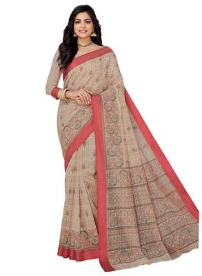 Off white printed cotton saree with blouse 1