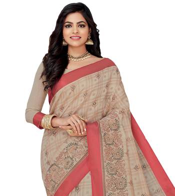 Off white printed cotton saree with blouse 2
