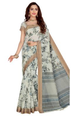 Off white printed cotton saree with blouse 1