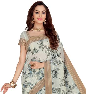 Off white printed cotton saree with blouse 2