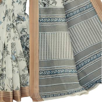 Off white printed cotton saree with blouse 3