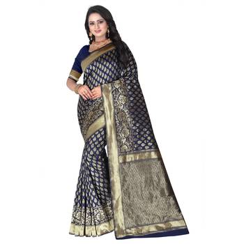 Blue printed banarasi silk blend  saree with blouse 1
