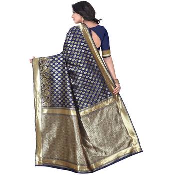 Blue printed banarasi silk blend  saree with blouse 2