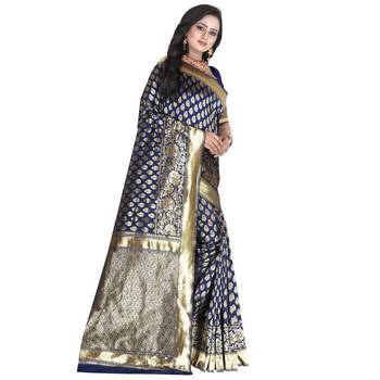 Blue printed banarasi silk blend  saree with blouse 3