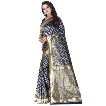 Blue printed banarasi silk blend  saree with blouse 4