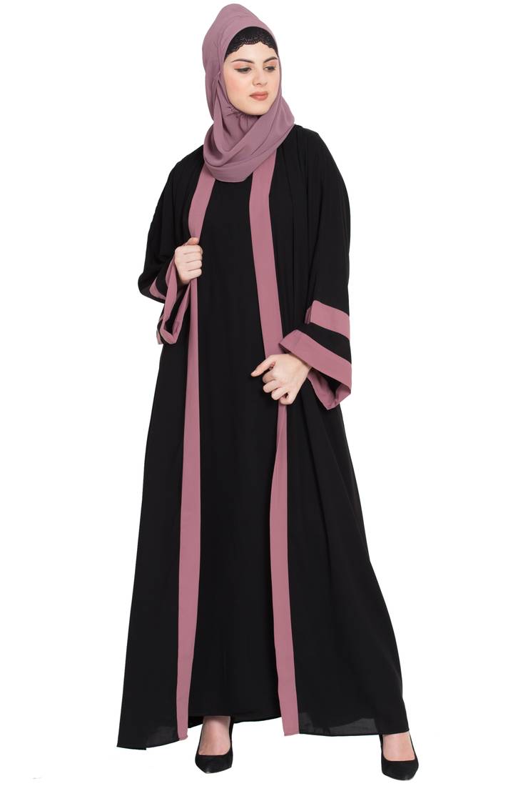 Nazneen Black Abaya Kaftan Crepe Contrast Band 56 Inch