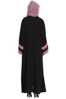 Nazneen Black Abaya Kaftan Crepe Contrast Band 56 Inch 3
