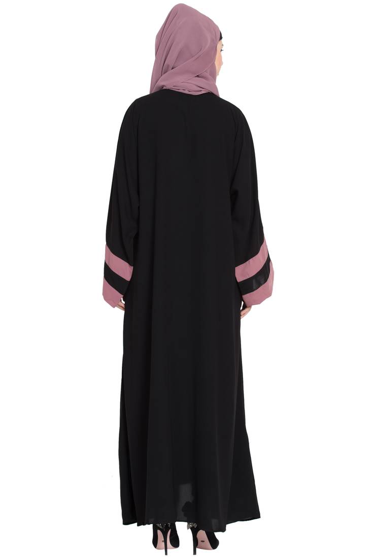 Nazneen Black Abaya Kaftan Crepe Contrast Band 56 Inch
