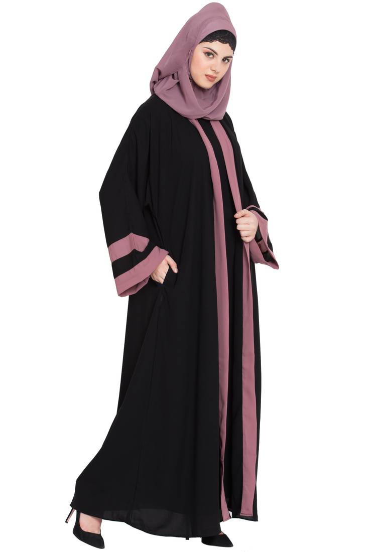 Nazneen Black Abaya Kaftan Crepe Contrast Band 56 Inch