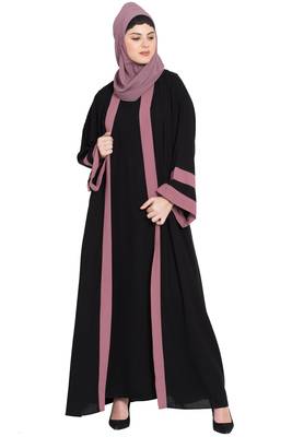 Nazneen Black Abaya Kaftan Crepe Contrast Band 56 Inch 5