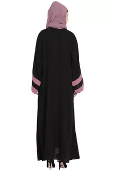 Nazneen Black Abaya Kaftan Crepe Contrast Band 56 Inch