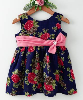 Blue printed blended cotton kids frocks 1