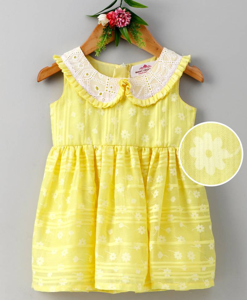Yellow printed blended cotton kids frocks