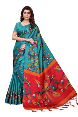 Teal printed khadi saree with blouse 1