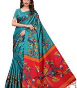 Teal printed khadi saree with blouse