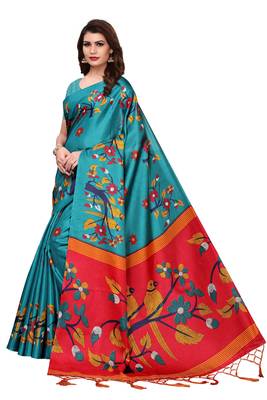 Teal printed khadi saree with blouse 2