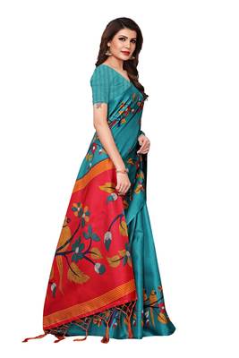 Teal printed khadi saree with blouse 3